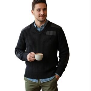 Scharf & Breit Wool V Neck Sweater Mens Sz L Military Elbow Shoulder Patches USA